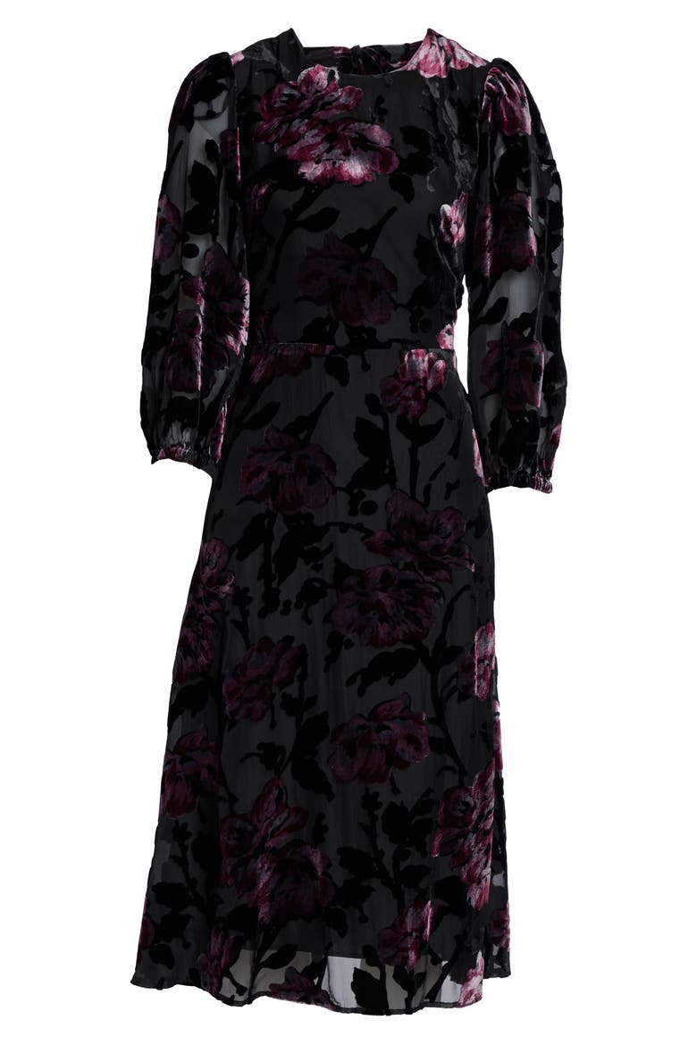 Balloon Sleeve Chiffon Jacquard Dress, Alternate, color, BLACK