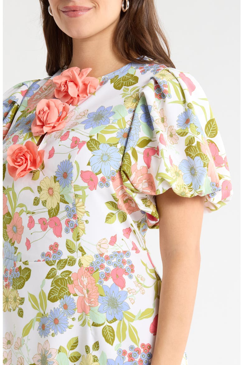 Floral Rosette Puff Sleeve Minidress, Alternate, color, CREAM-MULTI