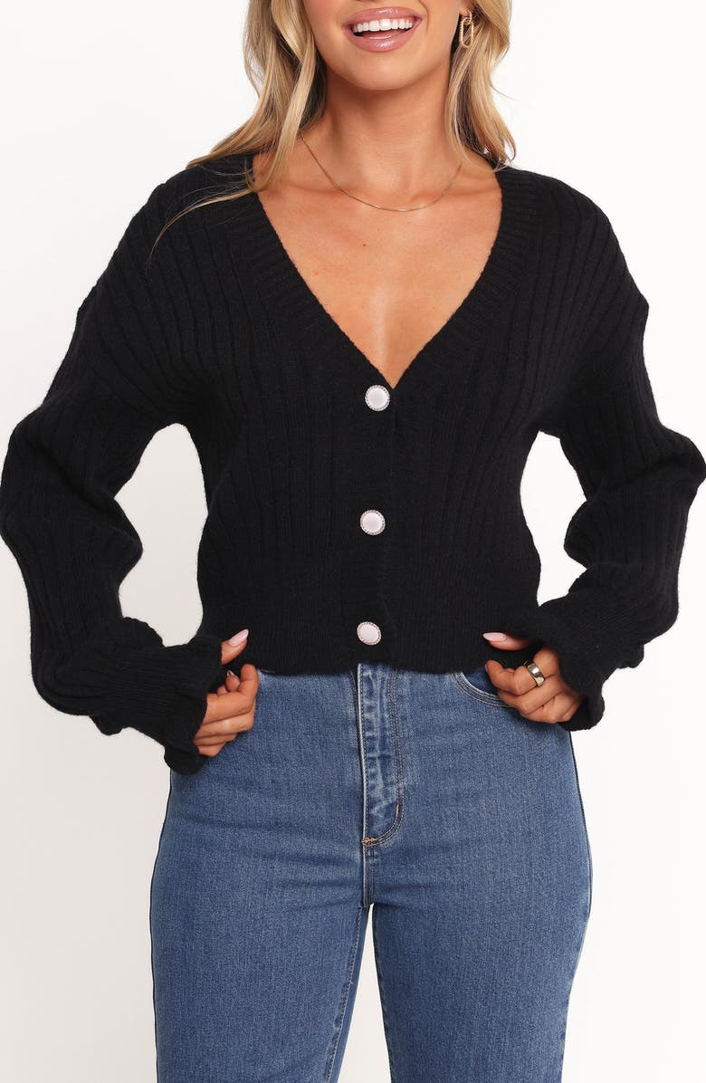 Petal & Pup Zana Ruffle Cuff Crop Rib Cardigan, Main, color, Black