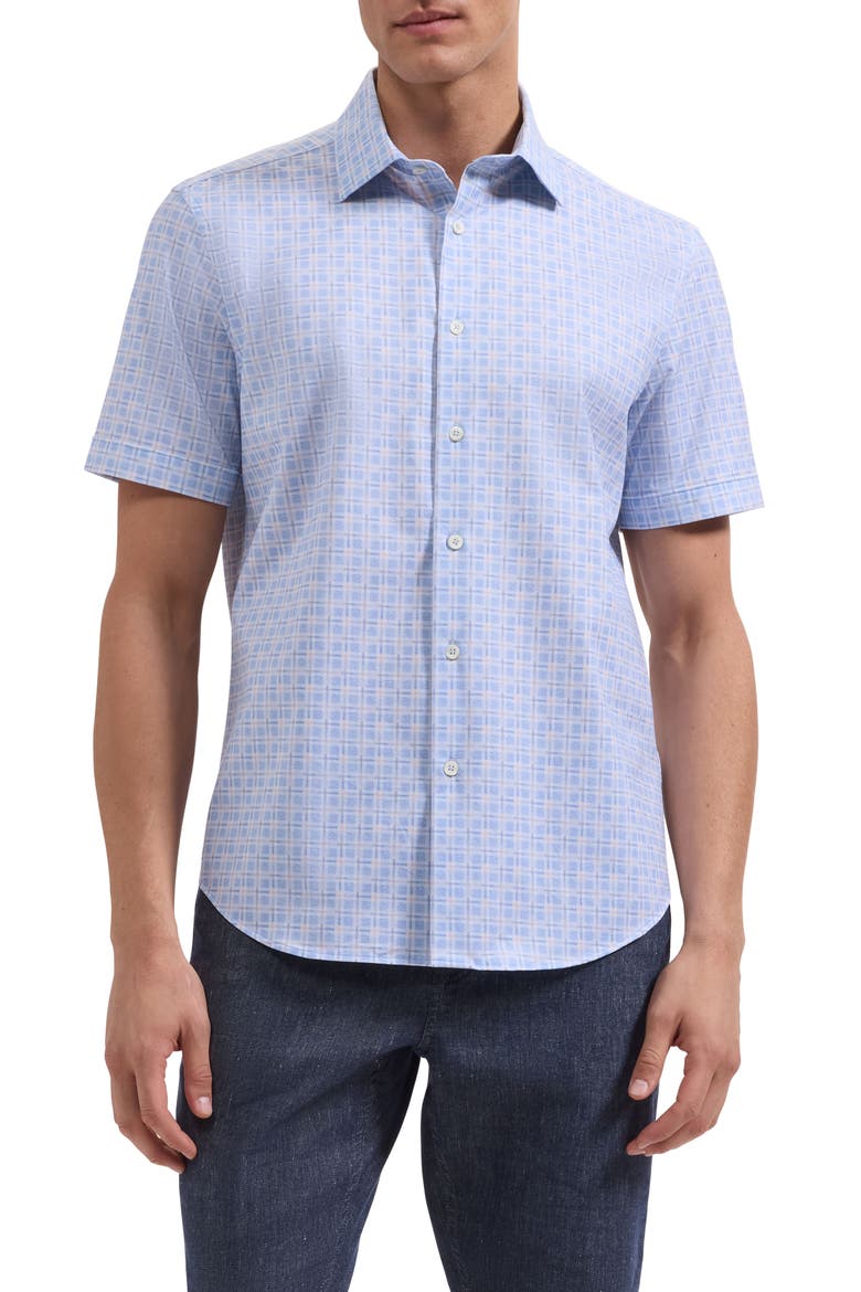 Miles OoohCotton® Check Print Short Sleeve Button-Up Shirt, Main, color, AIR BLUE