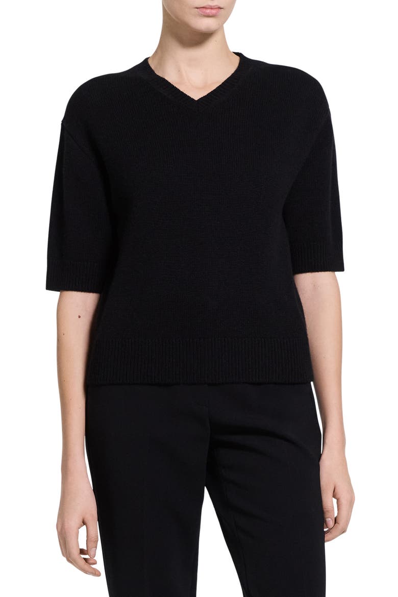 Cropped Cashmere V-Neck Sweater, Alternate, color, BLACK