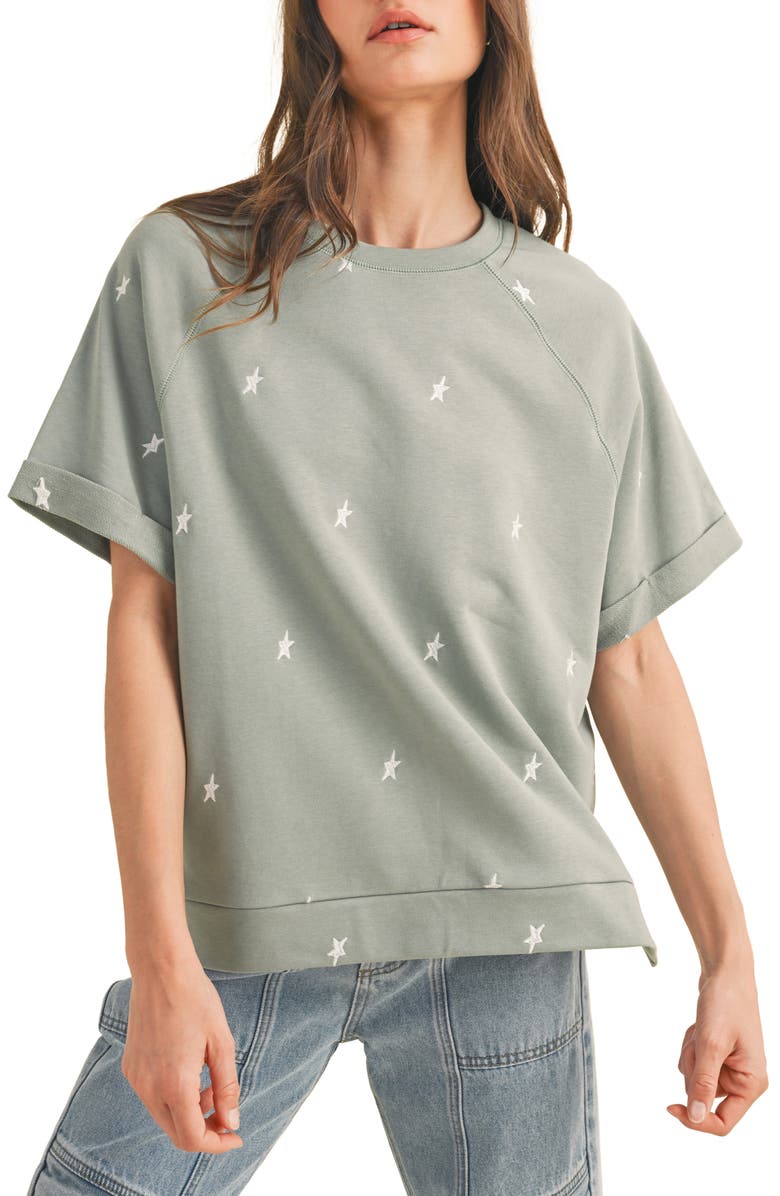 WISHLIST Star Embroidered Boxy Knit T-Shirt, Main, color, Green/ White