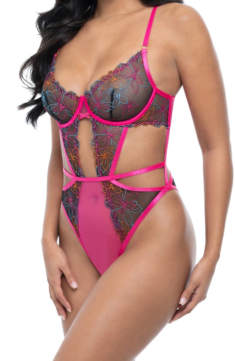 Oh La La Cheri Saracita Embroidered Mesh Underwire Teddy, Alternate, color, Exotic Daydream 032/Pink Yarro