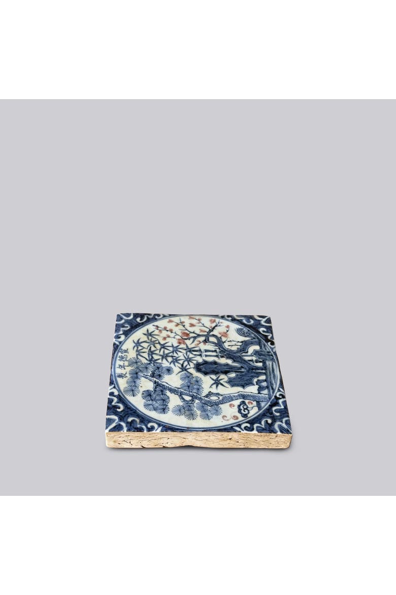 Hand Painted Porcelain Blue and Red Three Friends Tile, Alternate, color, Blue and Red
