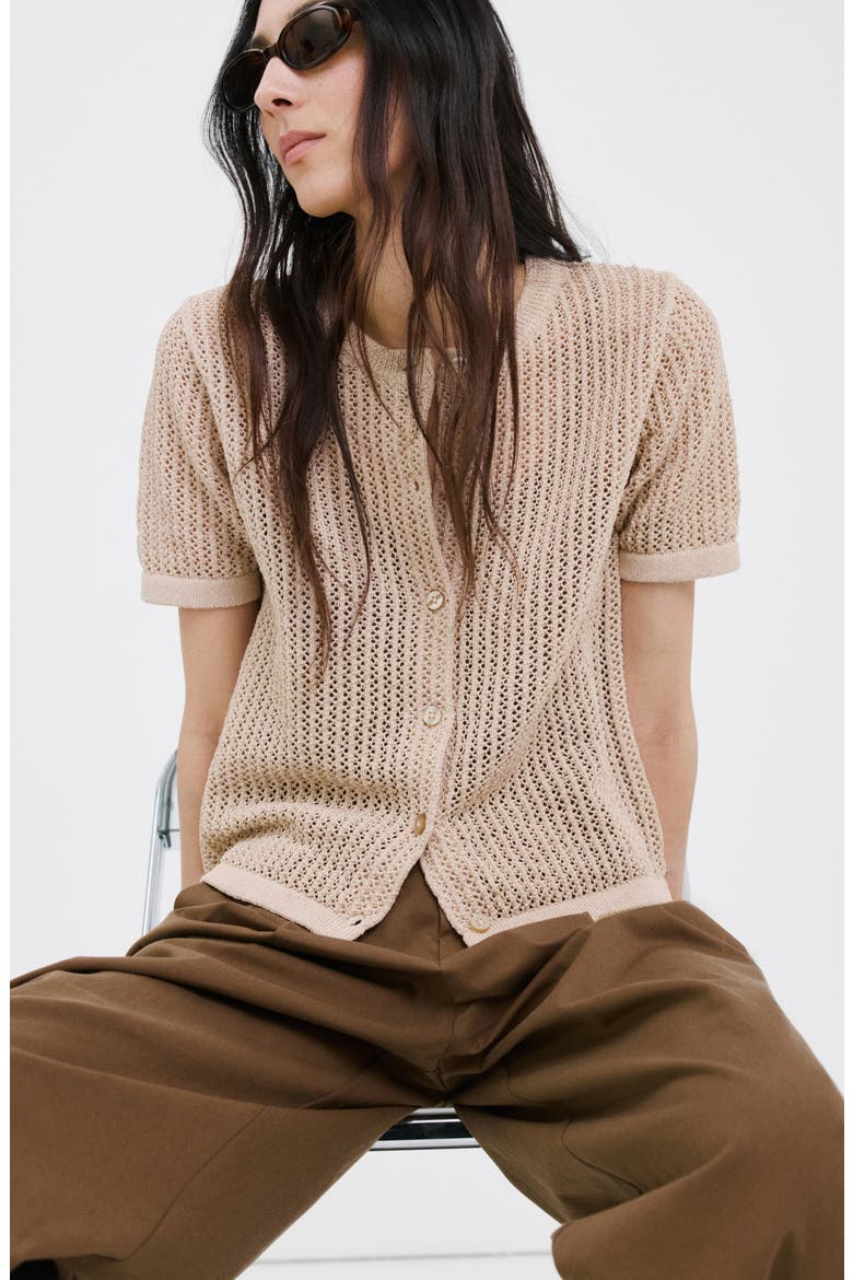 Openwork Short Sleeve Cardigan, Alternate, color, SAND