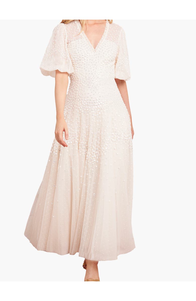 Needle & Thread Scallop Sequin V-neck Ankle Gown, Alternate, color, Cream