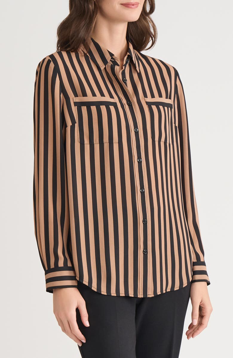 KASPER Stripe Button-Up Shirt, Alternate, color, Black/ Medium Camel