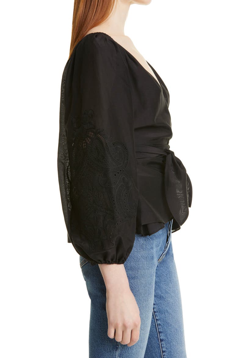 Norah Balloon Sleeve Cotton & Silk Wrap Blouse, Alternate, color, BLACK