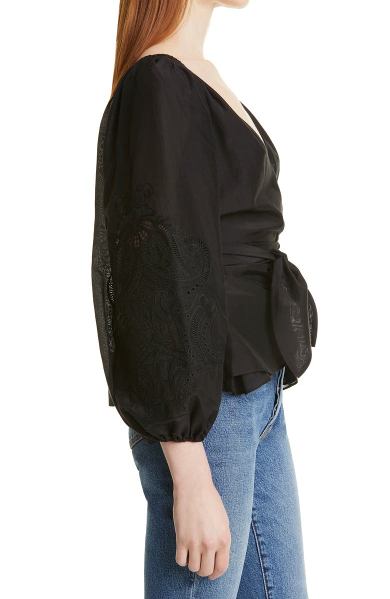 KOBI HALPERIN Norah Balloon Sleeve Cotton & Silk Wrap Blouse, Alternate, color,