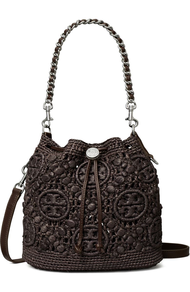 Tory Burch T Monogram Raffia Bucket Bag, Main, color, Cocoa
