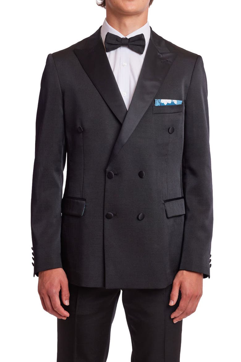 Soho Slim Fit Double Breasted Suit Jacket, Main, color, BLACK ON BLACK