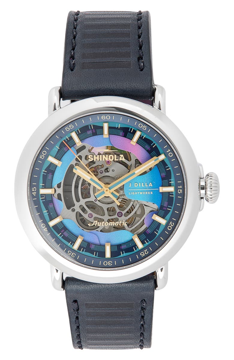 Shinola Runwell J Dilla Automatic Leather Strap Watch, Main, color, 