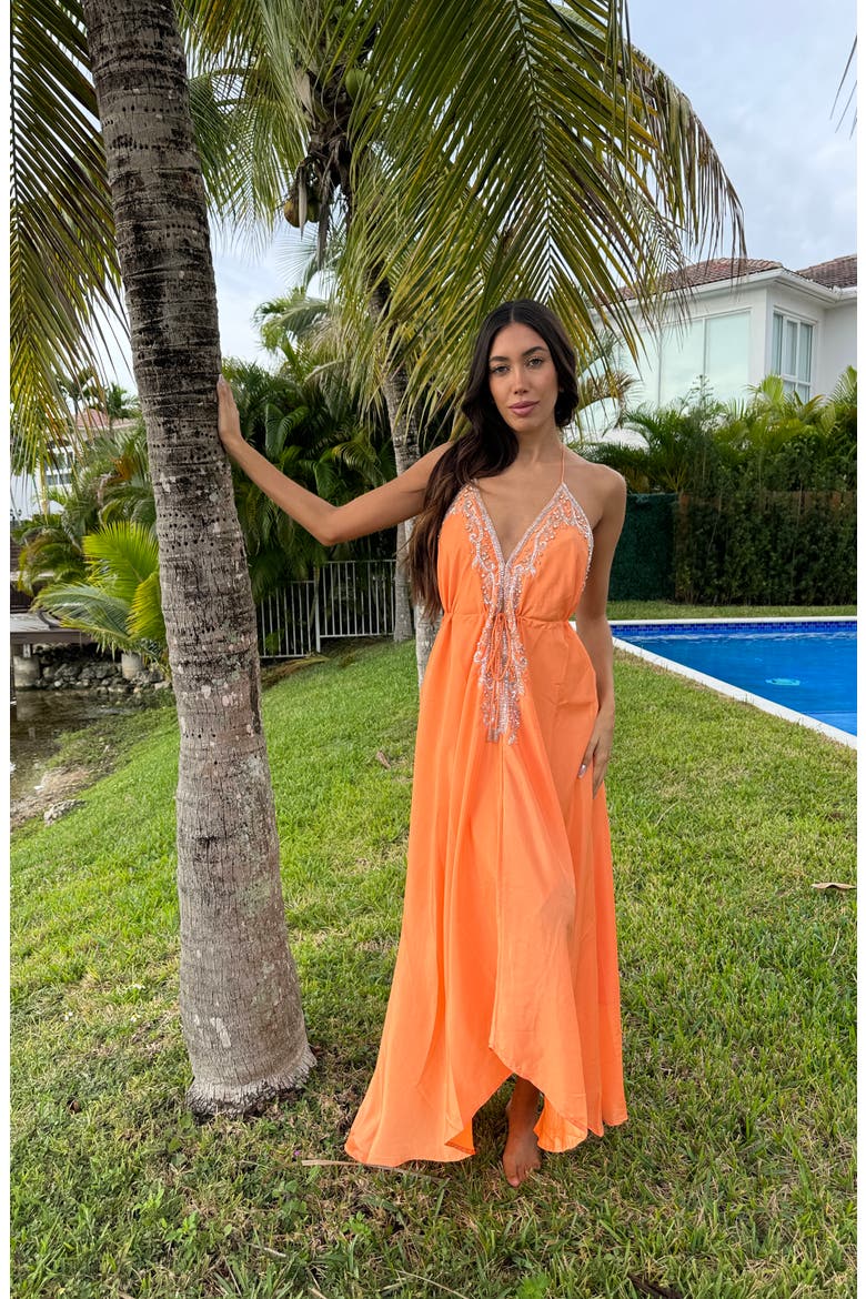 Plunge V-Neck Maxi Dress, Alternate, color, SOFT ORANGE