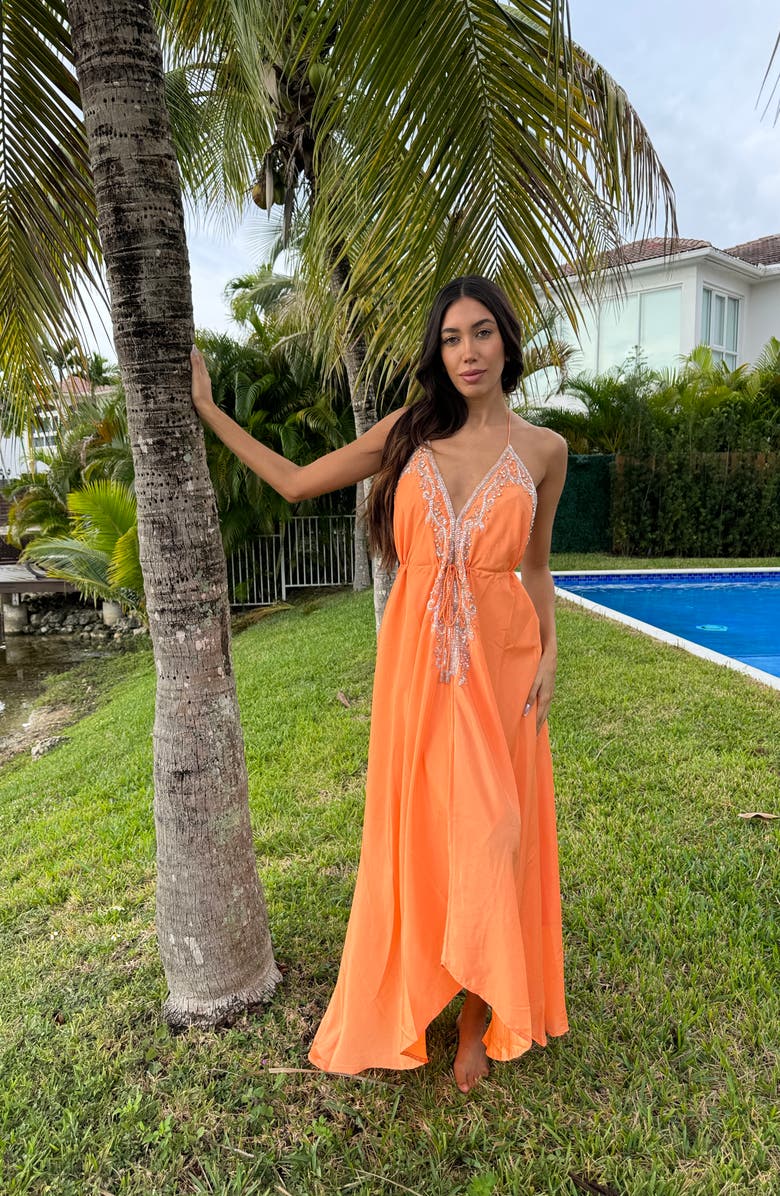 RANEES Plunge Neck Halter Maxi Dress, Alternate, color, Soft Orange