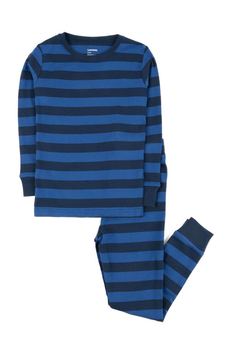 Leveret Kids Cotton Two-Piece Pajamas, Stripes, Solids & Tie Dye, Alternate, color, Striped Blue & Navy