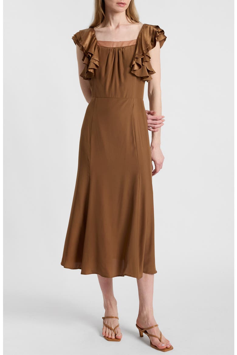 Yeda Fit and Flare Midi Dress in Silk Crepe de Chine, Main, color, Dark Bronze