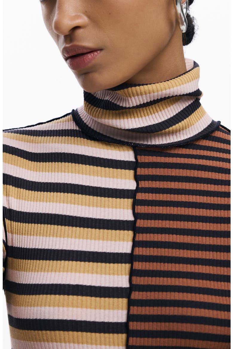 Colorblock Stripe Rib Turtleneck Long Sleeve Dress, Alternate, color, BROWN
