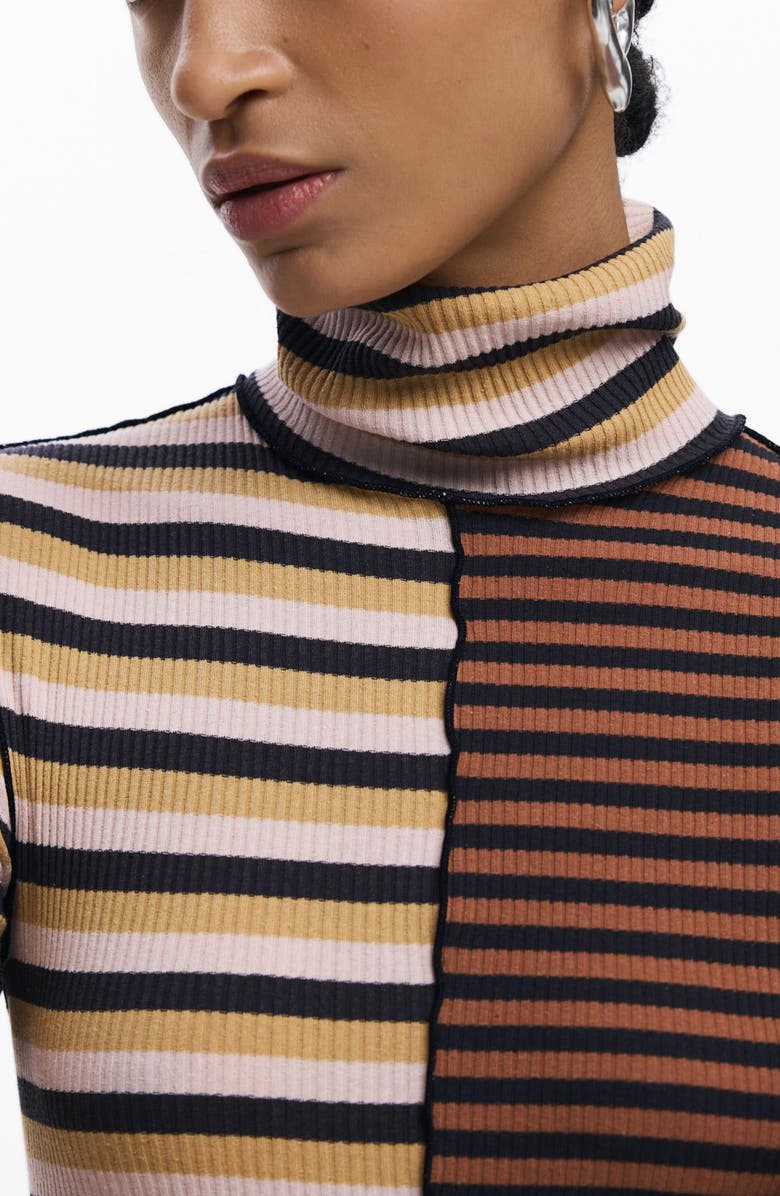 Desigual Colorblock Stripe Rib Turtleneck Long Sleeve Dress, Alternate, color, Brown