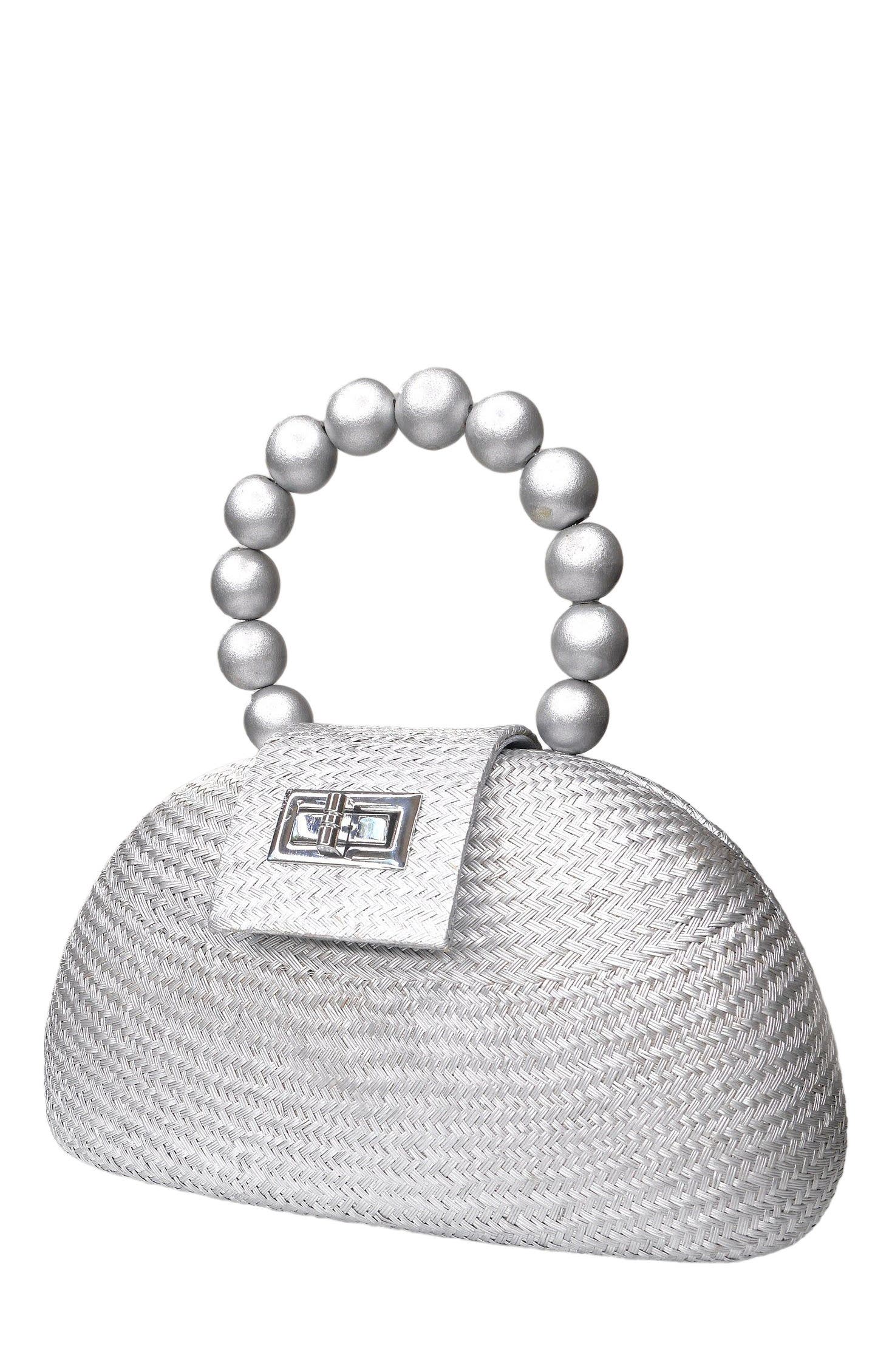 Soli & Sun THE ORLA Woven Straw & Wooden Bead Statement Clutch Bag, Alternate, color, Silver