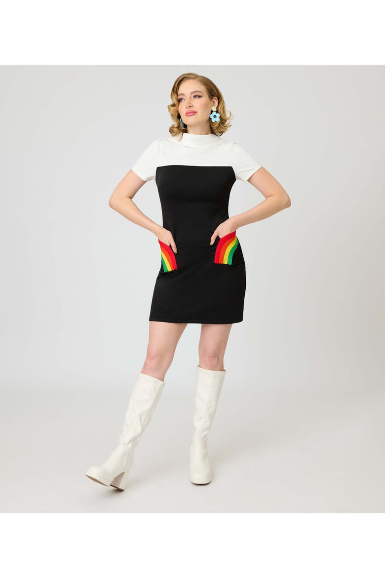 Mock Neck Patch Pocket Shift Dress, Alternate, color, Black w/Rainbow Pocket