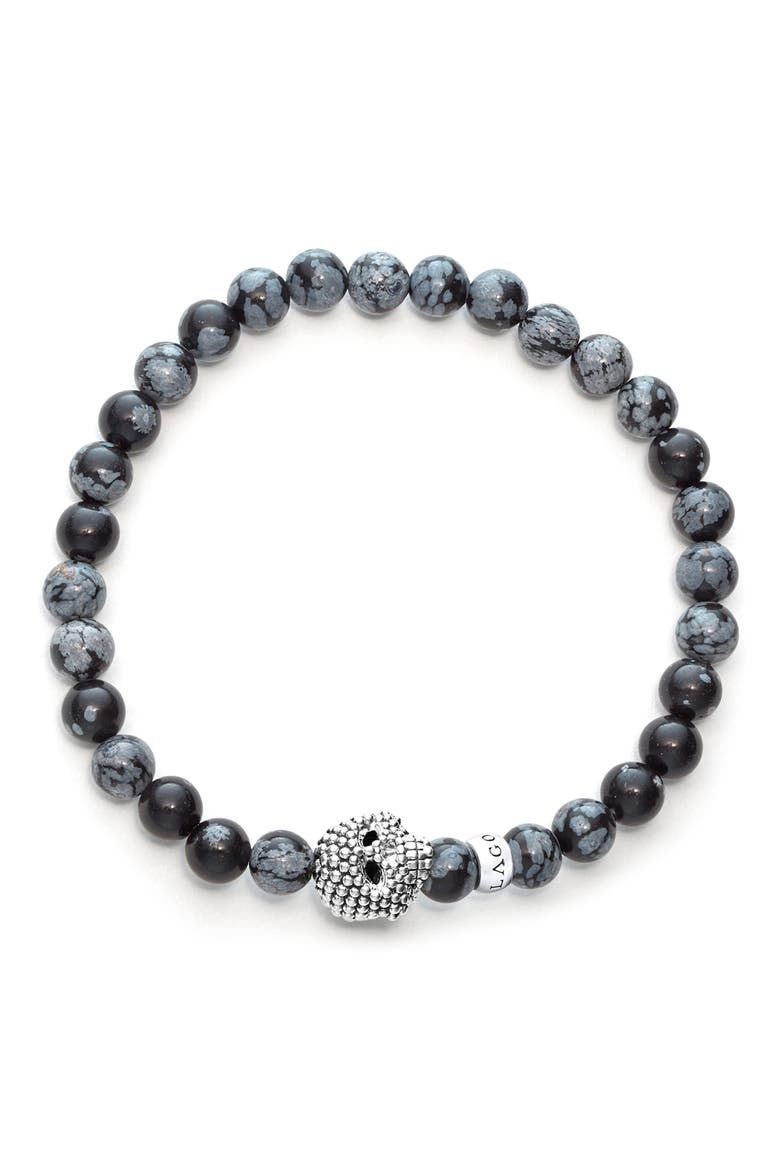 Men's Anthem Snowflake Obsidian Skull Stretch Bracelet, Alternate, color, STERLING SILVER
