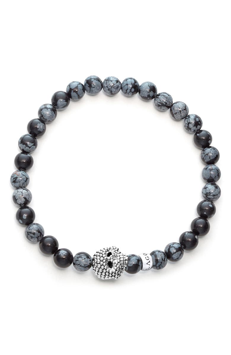 LAGOS Men's Anthem Snowflake Obsidian Skull Stretch Bracelet, Alternate, color, Sterling Silver