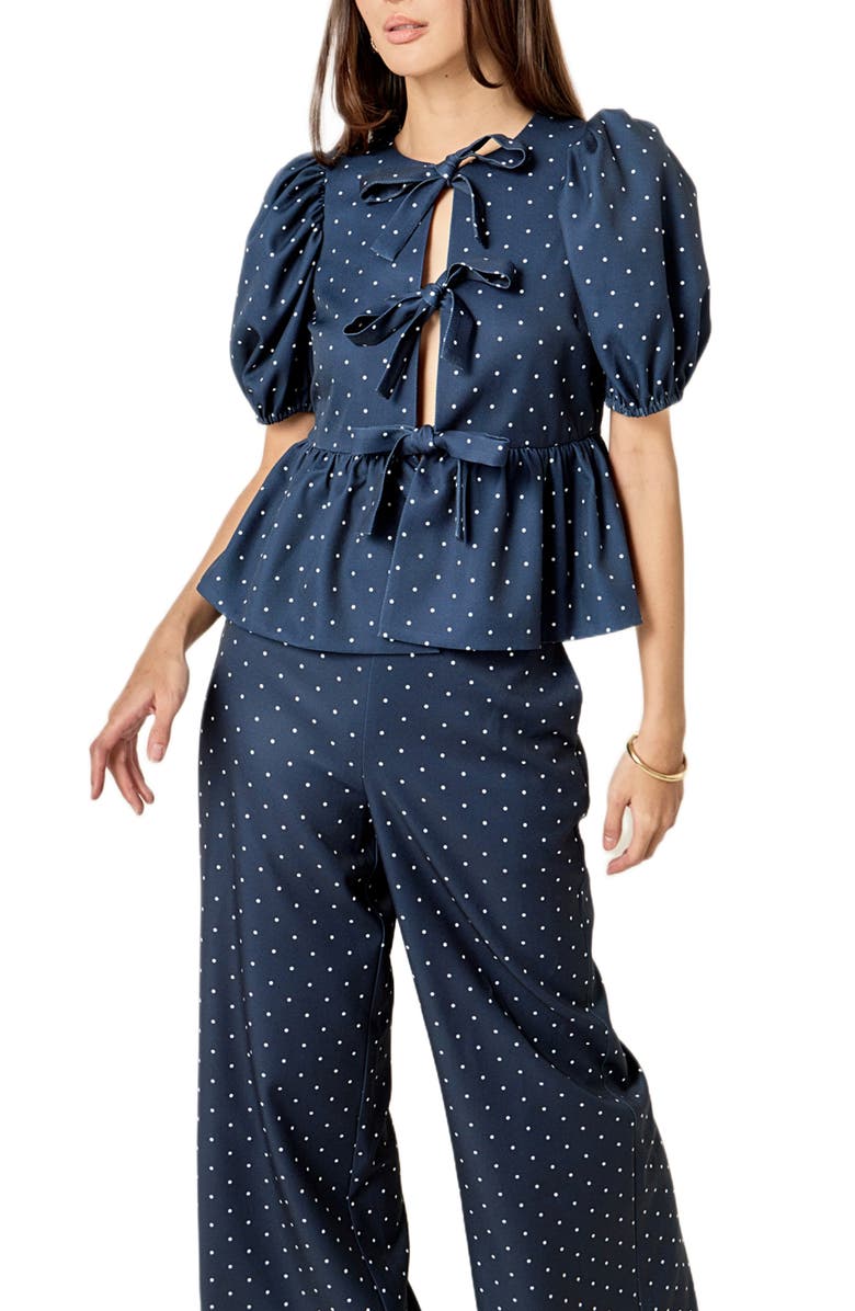 English Factory Dot Tie Front Puff Sleeve Top, Alternate, color, Navy