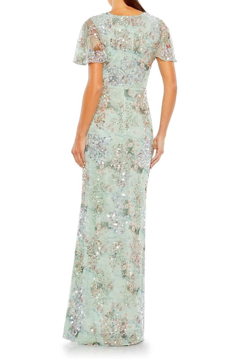 Embellished Butterfly Sleeve Faux Wrap Gown, Alternate, color, SEAMIST