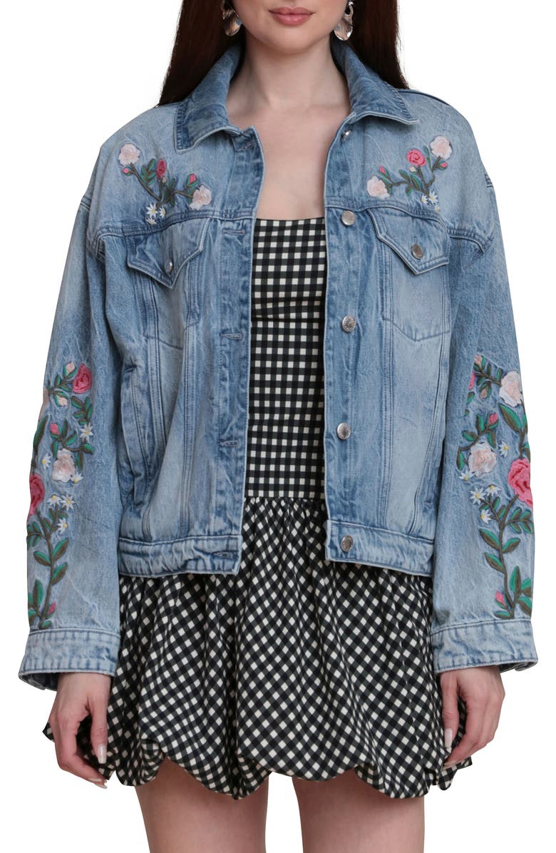 Avec Les Filles Embroidered Denim Trucker Jacket, Alternate, color, 