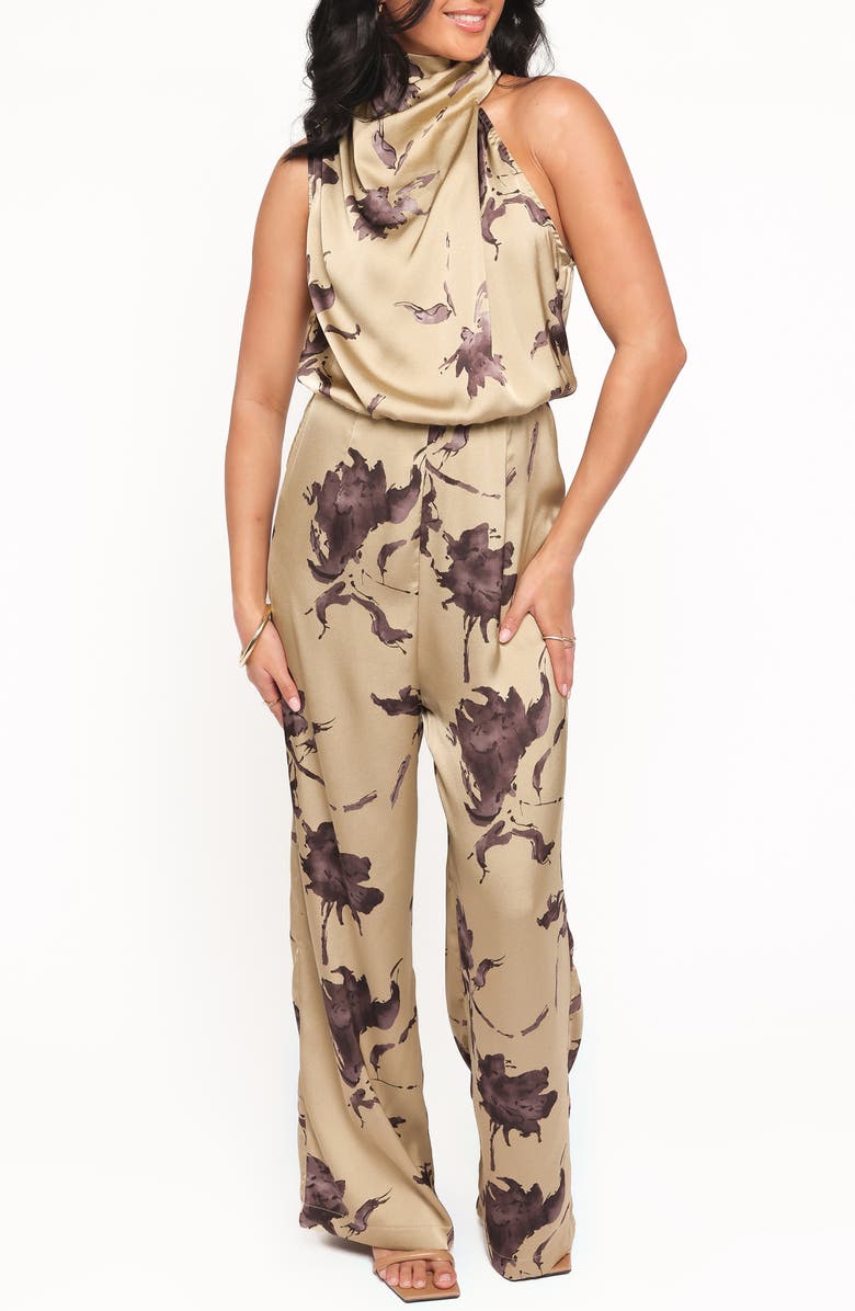 Petal & Pup Savannah Floral One-Shoulder Satin Jumpsuit, Main, color, Gold Floral