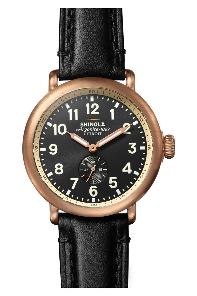 Argonite-1069 Leather Strap Watch, 43mm, Main, color, BLACK
