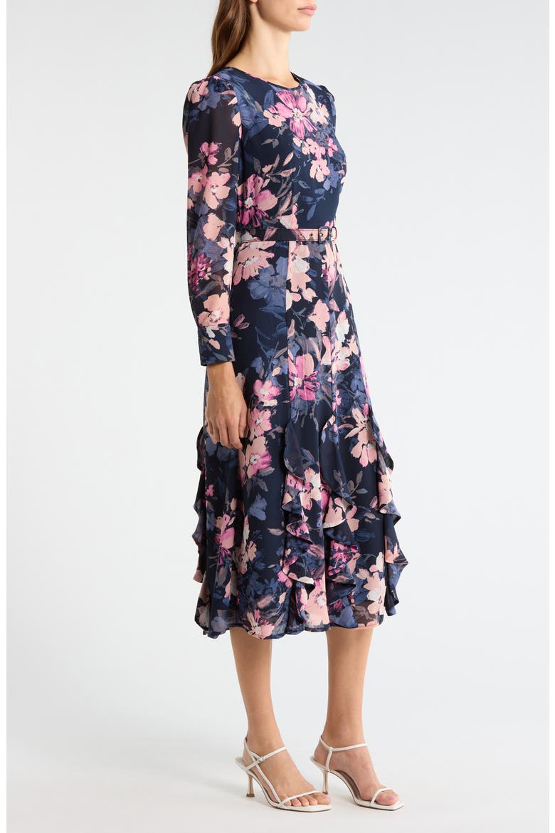 Floral Belted Ruffle Hem Midi Dress, Alternate, color, NAVY PERI FLORAL