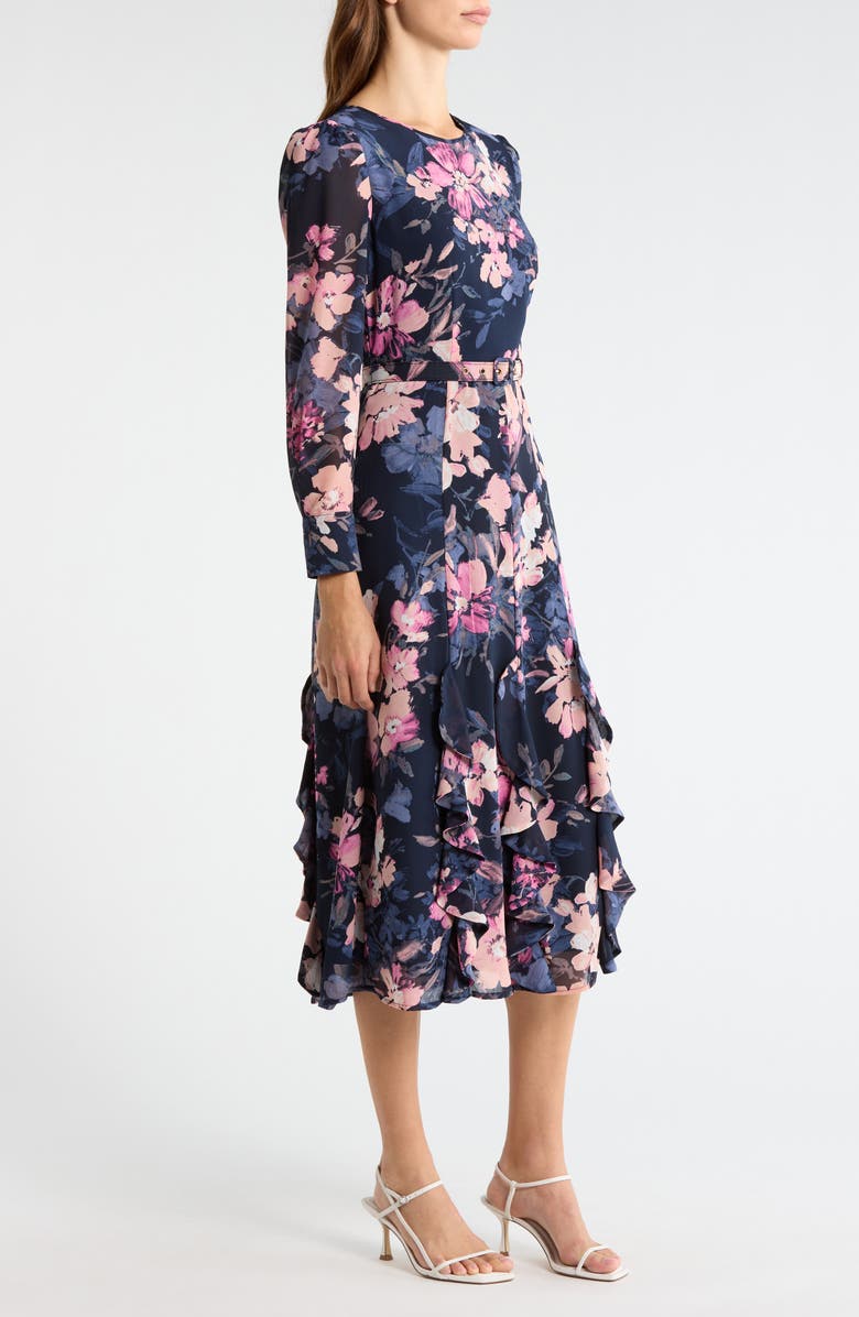 Tahari ASL Floral Belted Ruffle Hem Midi Dress, Alternate, color, Navy Peri Floral