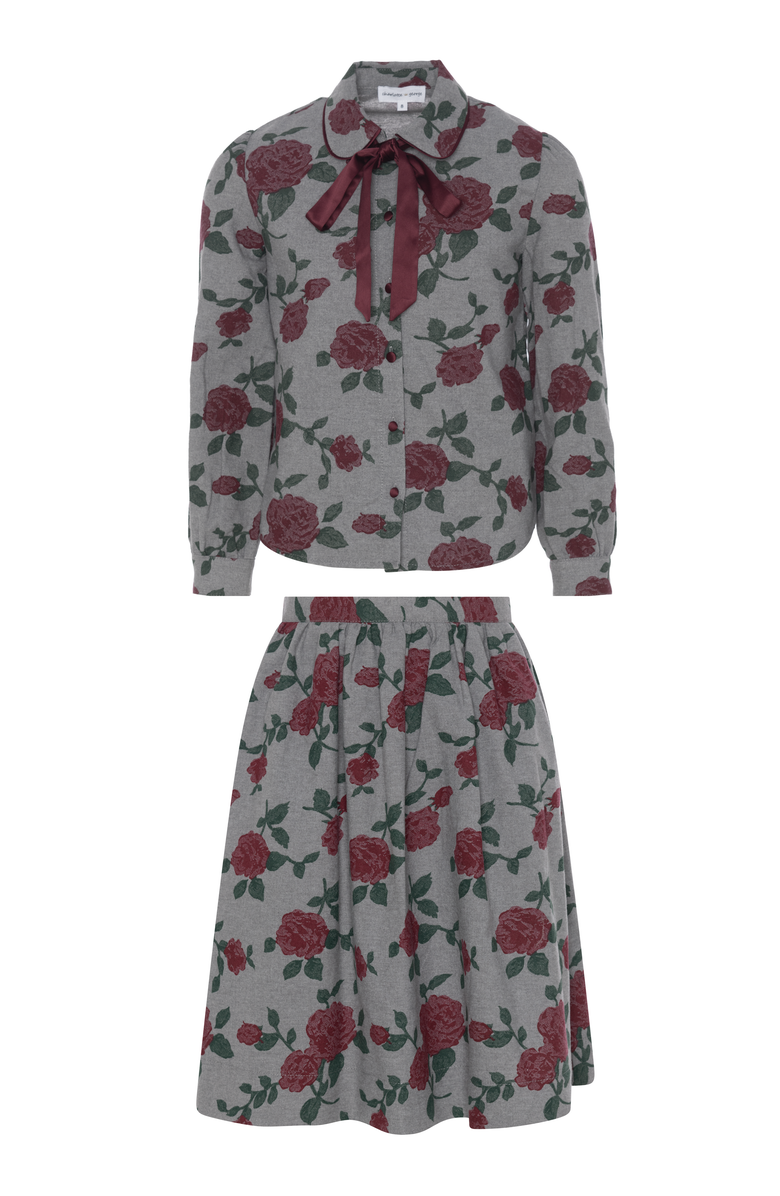Charlotte & George Printed Woven 2 Piece Long Sleeve Blouse and Skirt Set, Main, color, Grey