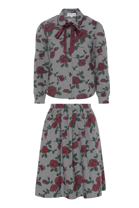 Printed Woven 2 Piece Long Sleeve Blouse and Skirt Set (Big Kid)