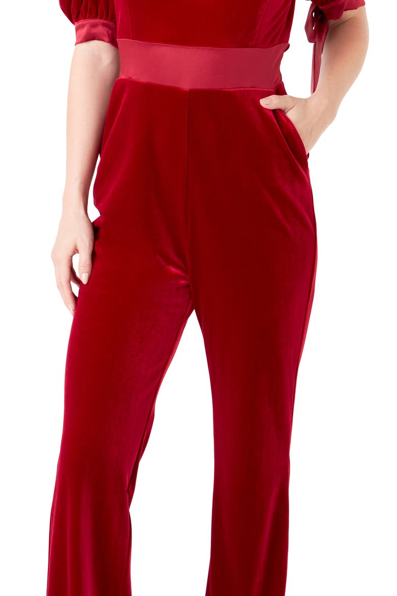 Bow Tie Velvet Jumpsuit, Alternate, color, ROUGE
