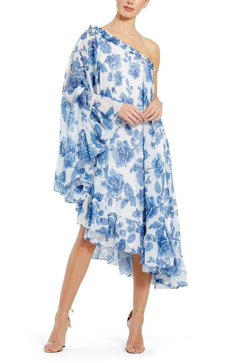 Floral Asymmetrical One-Shoulder Dress with Cape Sleeve