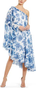 Mac Duggal Floral Asymmetrical One-Shoulder Dress with Cape Sleeve