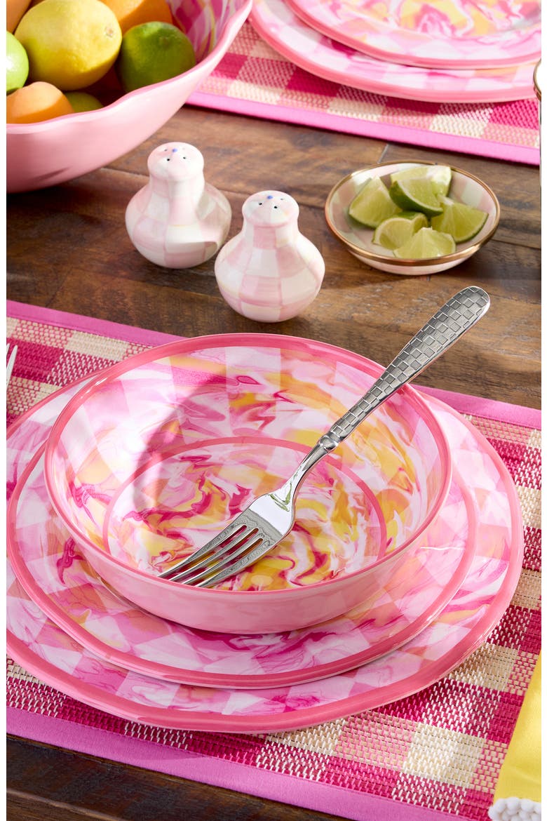 Set of 4 Pink Marble Check Melamine Dinner Plates, Alternate, color, PINK