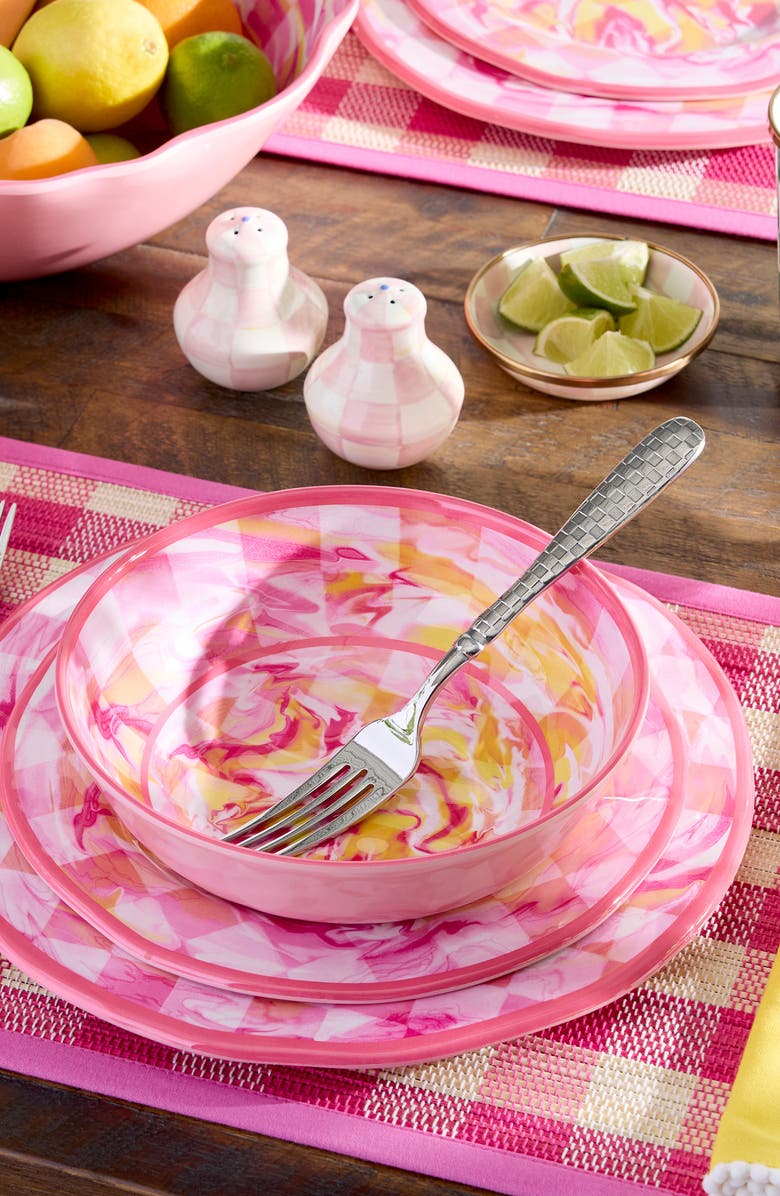 MACKENZIE CHILDS Set of 4 Pink Marble Check Melamine Dinner Plates, Alternate, color, Pink