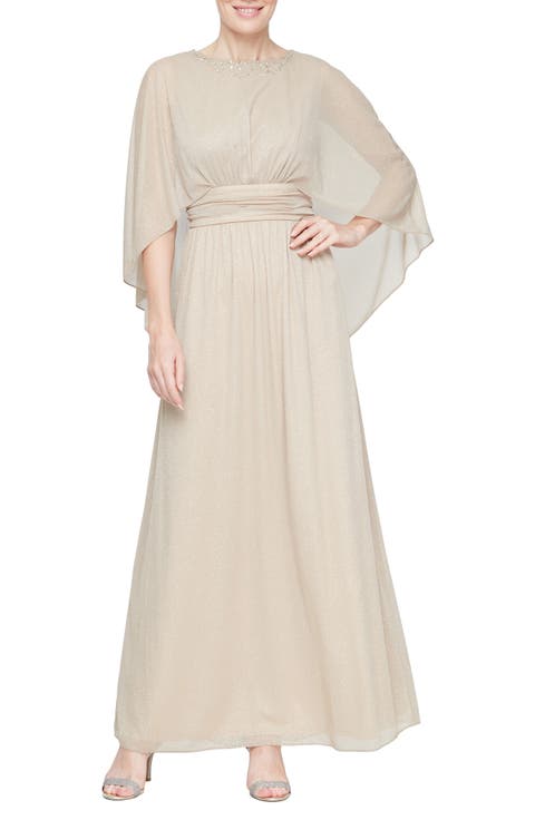 SL FASHIONS Glitter Capelet Chiffon Gown (Petite)