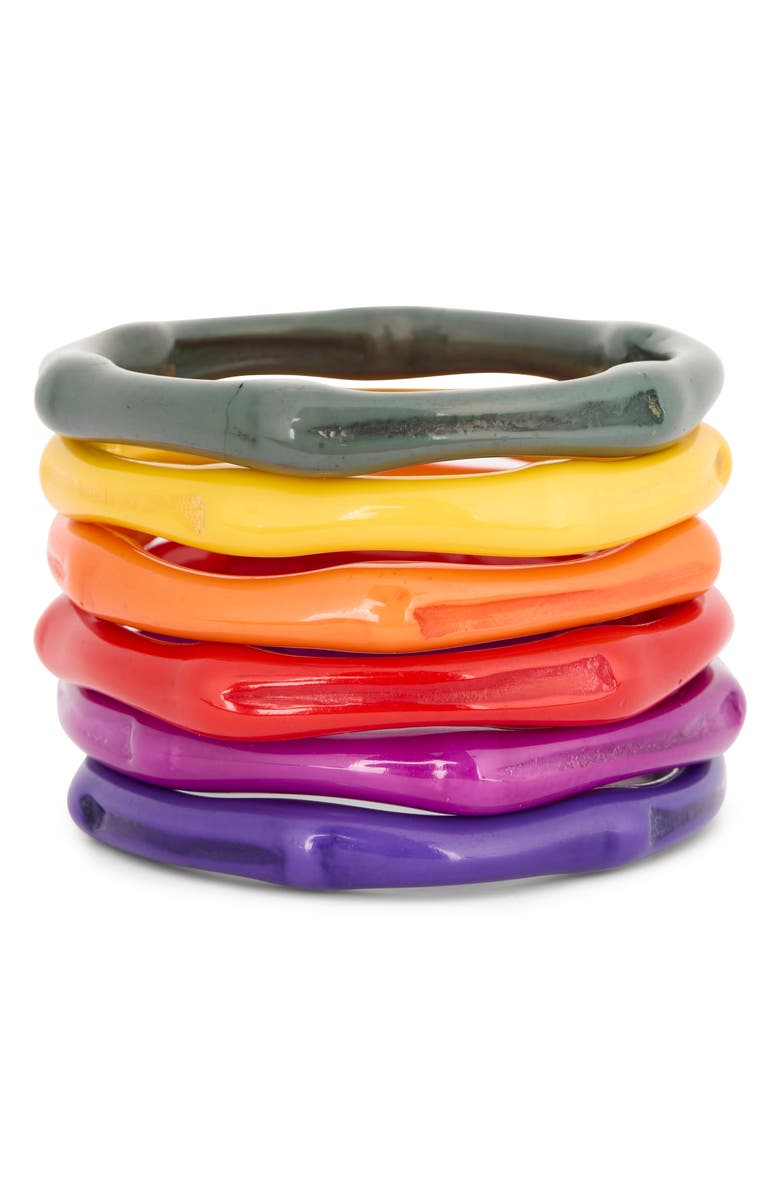 Kenneth Jay Lane Set of 6 Rainbow Bamboo Shaped Resin Bangle Bracelets, Main, color, Multi Enamel