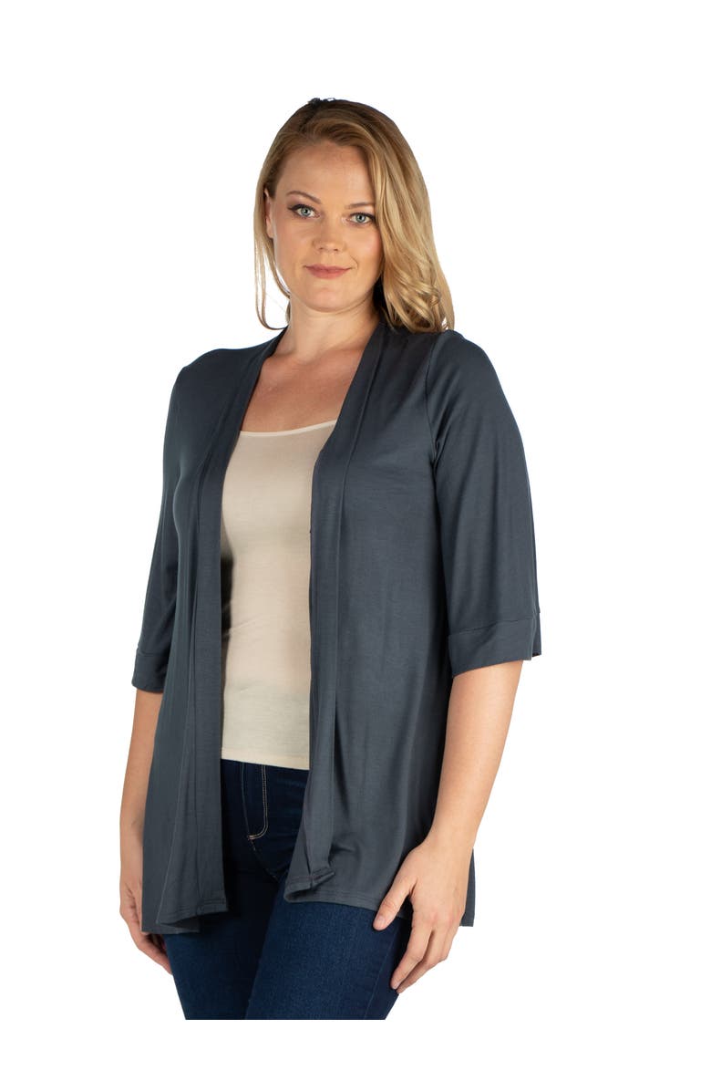 24seven Comfort Apparel Elbow Length Sleeve Open Front Cardigan, Alternate, color, Charcoal