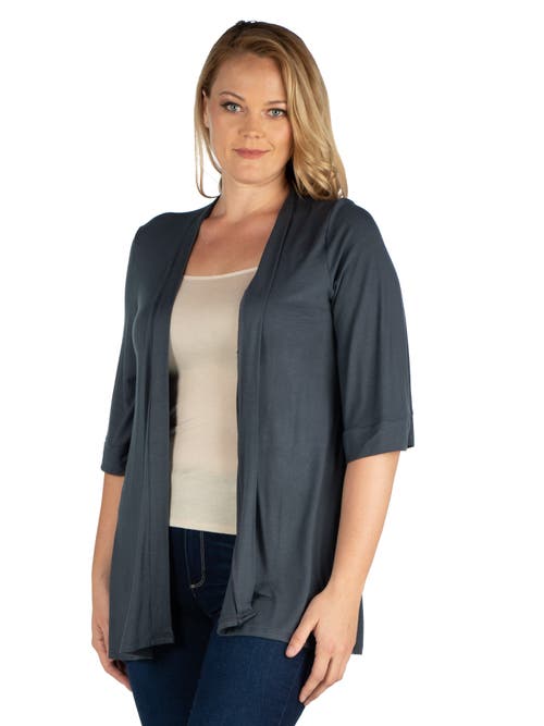 24seven Comfort Apparel Plus Size Elbow Length Sleeve Open Front Cardigan In Gray