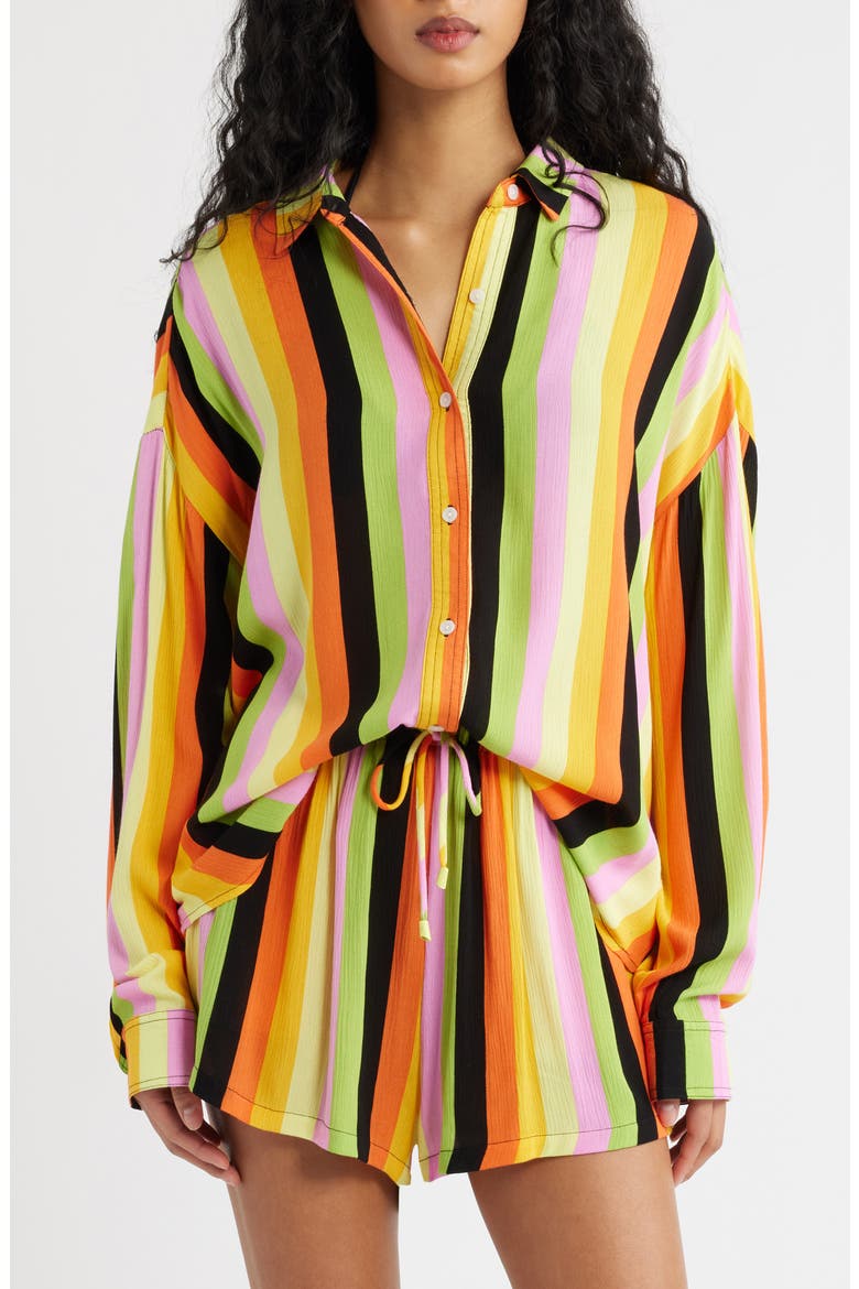x Farm Rio Neon Stripe Relaxed Button-Up Shirt, Alternate, color, ORANGE MULTI