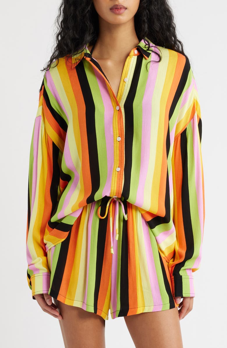 Rip Curl x Farm Rio Neon Stripe Relaxed Button-Up Shirt, Alternate, color, Orange Multi