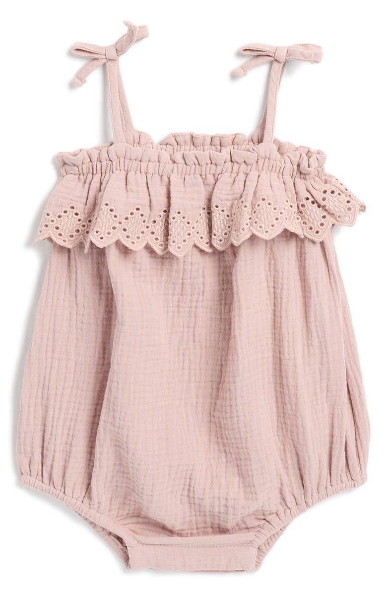 Rylee + Cru Eyelet Ruffle Trim Romper, Main, color, 