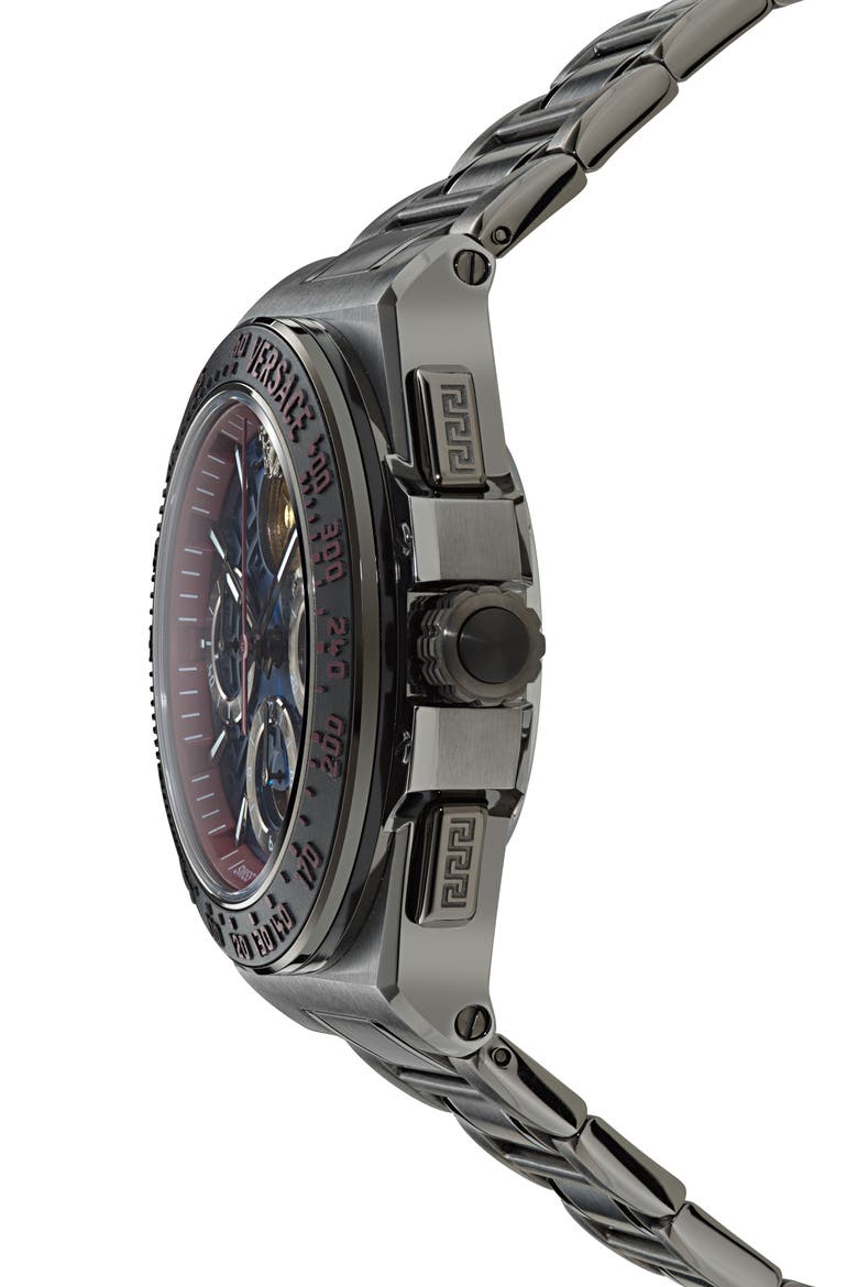 Greca Extreme Skeleton Dial Automatic Chronograph Bracelet Watch, 43mm, Alternate, color, BLUE/ IP GUNMETAL