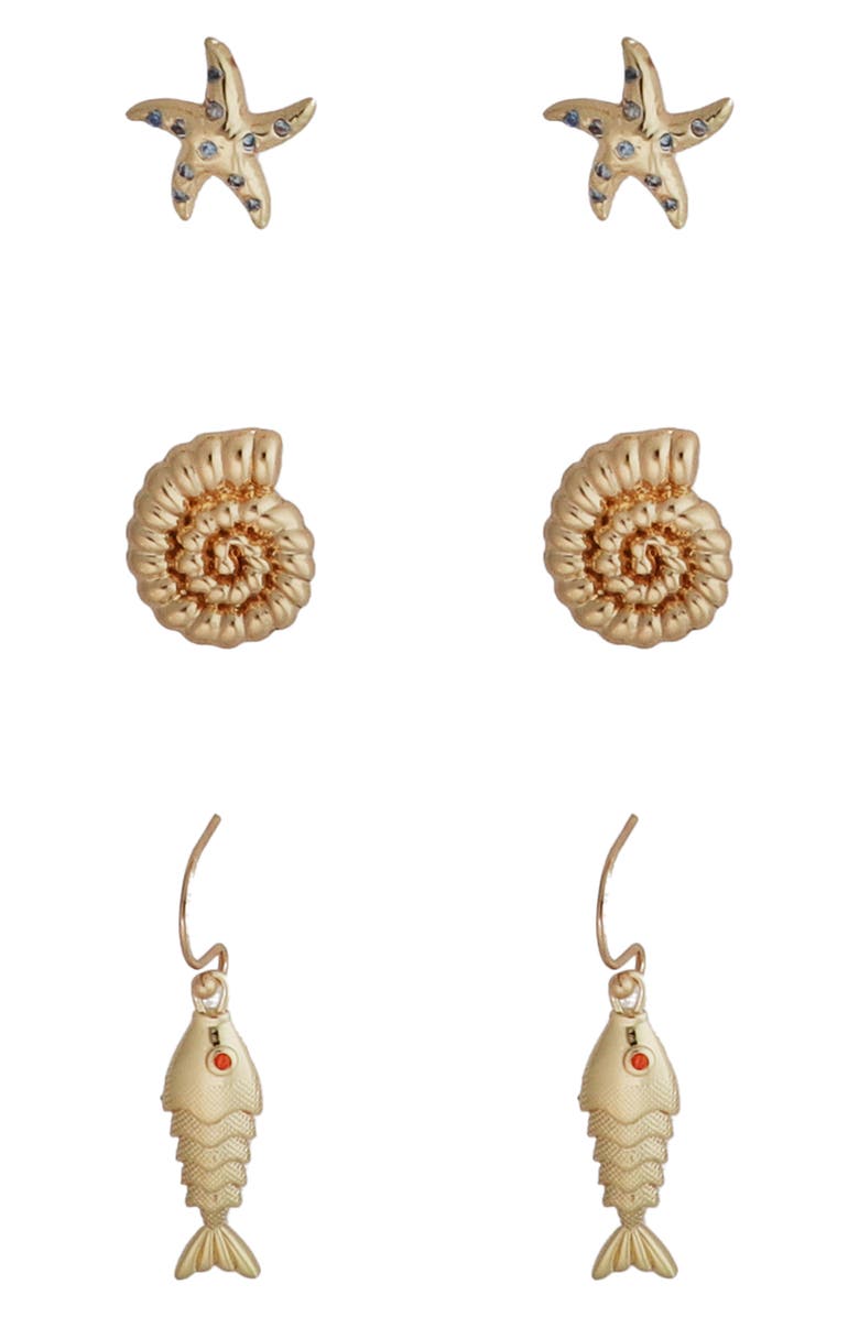 Panacea Sea Life Set of 3 Assorted Earrings, Main, color, Gold