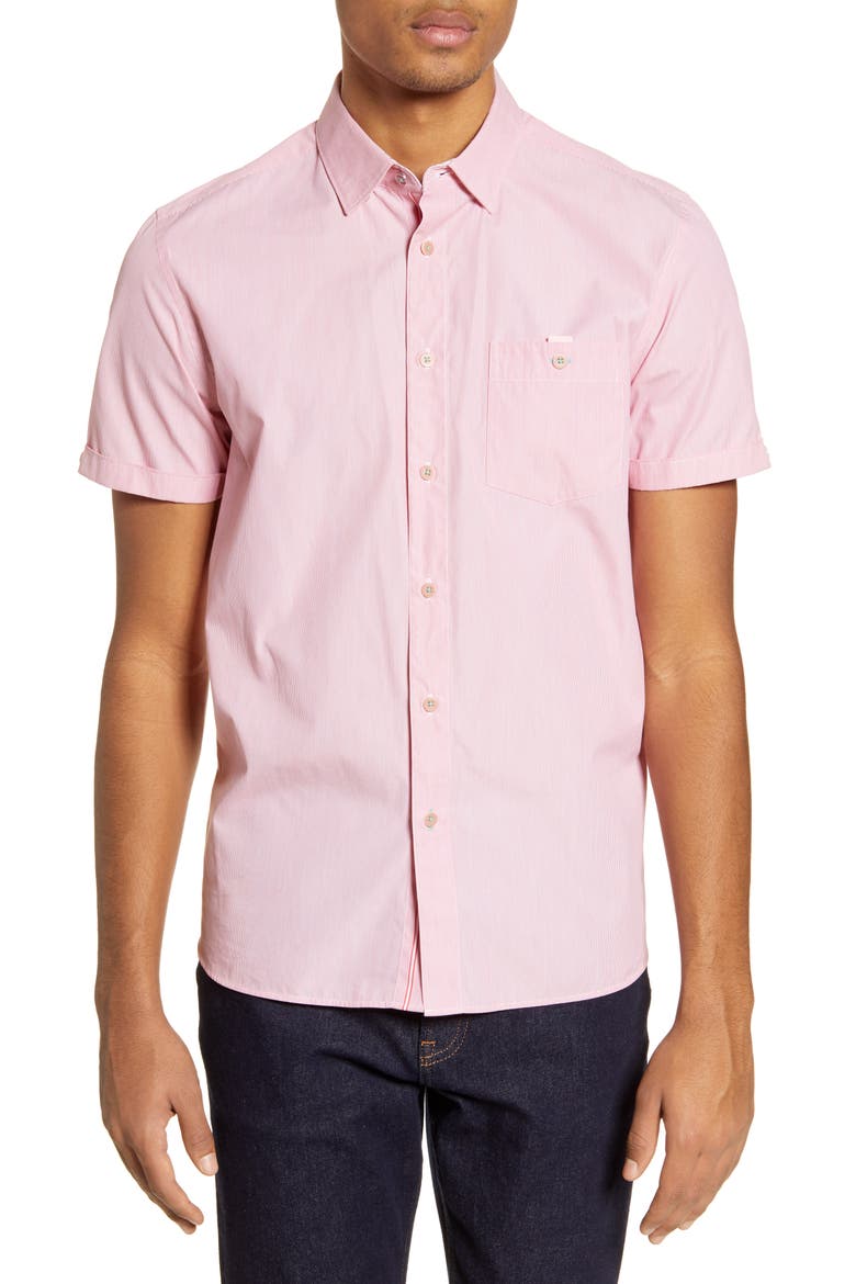 Sayhi Pinstripe Short Sleeve Button-Up Shirt, Main, color, RED